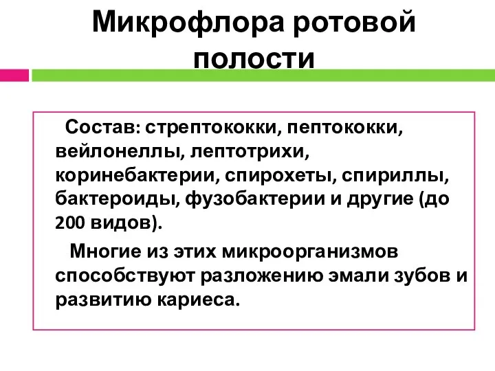 Микрофлора ротовой полости Состав: стрептококки, пептококки, вейлонеллы, лептотрихи, коринебактерии, спирохеты, спириллы, бактероиды,