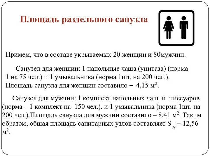 Площадь раздельного санузла Санузел для женщин: 1 напольные чаша (унитаза) (норма 1