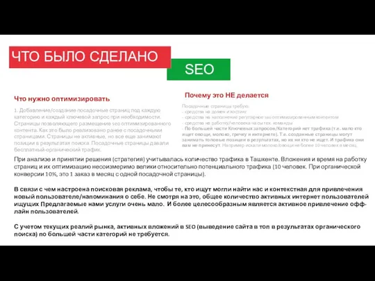 ЧТО БЫЛО СДЕЛАНО SEO Что нужно оптимизировать 1. Добавление/создание посадочные страниц под