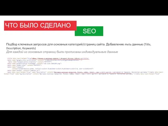 ЧТО БЫЛО СДЕЛАНО SEO Подбор ключевых запросов для основных категорий/страниц сайта. Добавление