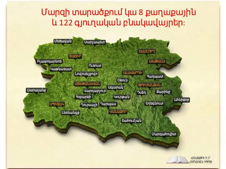 Մարզի տարածքում կա 8 քաղաքային և 122 գյուղական բնակավայրեր: