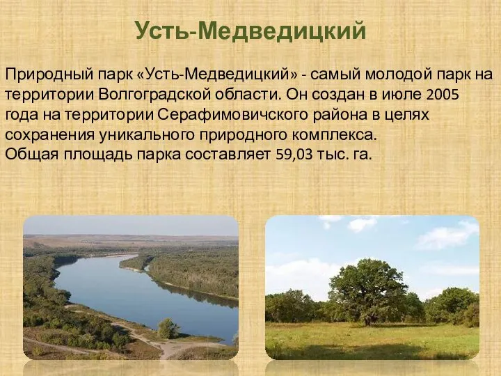 Усть-Медведицкий Природный парк «Усть-Медведицкий» - самый молодой парк на территории Волгоградской области.