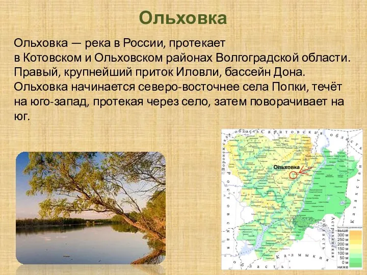 Ольховка Ольховка — река в России, протекает в Котовском и Ольховском районах