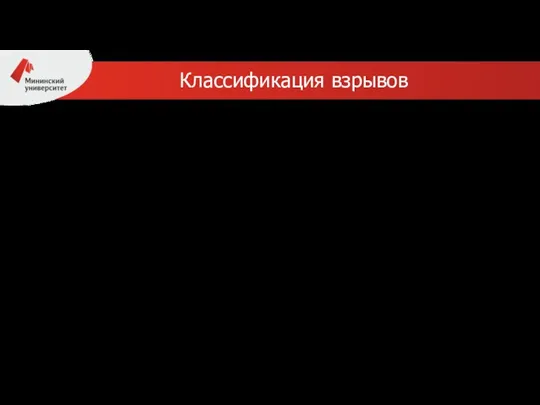 Классификация взрывов Классификация взрывов по происхождению выделившейся энергии: — химические; — физические;