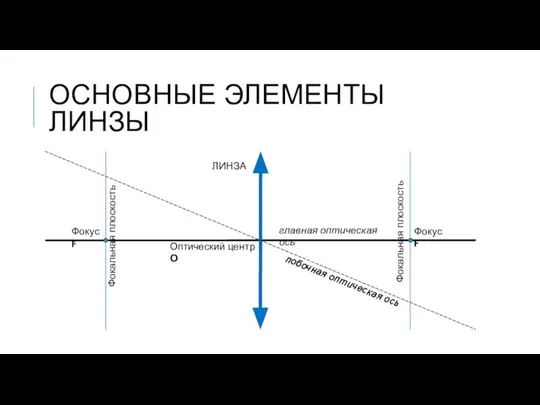 ОСНОВНЫЕ ЭЛЕМЕНТЫ ЛИНЗЫ Фокус F Фокальная плоскость Фокальная плоскость Фокус F ЛИНЗА