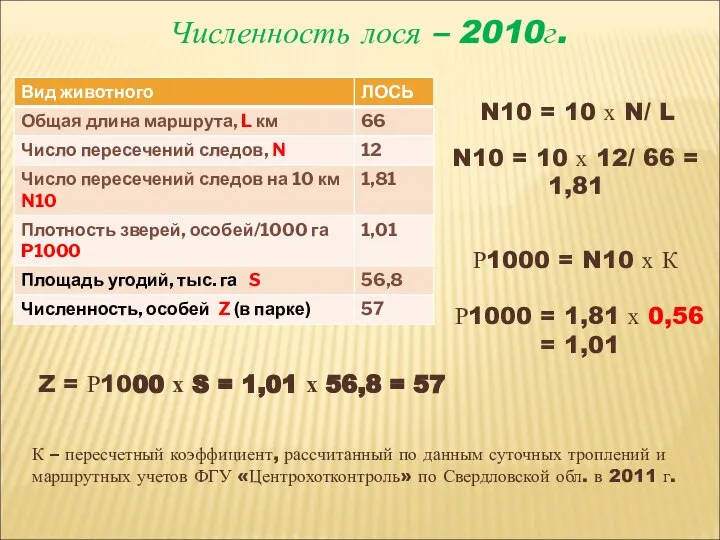Численность лося – 2010г. N10 = 10 х N/ L N10 =
