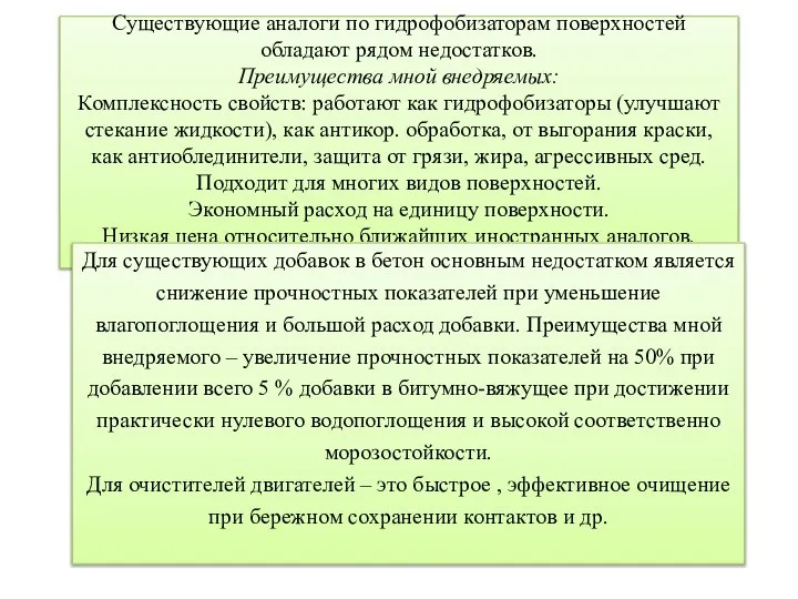 Существующие аналоги по гидрофобизаторам поверхностей обладают рядом недостатков. Преимущества мной внедряемых: Комплексность