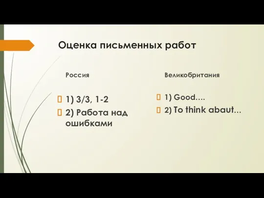 Оценка письменных работ Россия 1) 3/3, 1-2 2) Работа над ошибками Великобритания