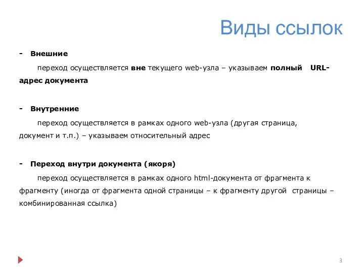 Виды ссылок Внешние переход осуществляется вне текущего web-узла – указываем полный URL-