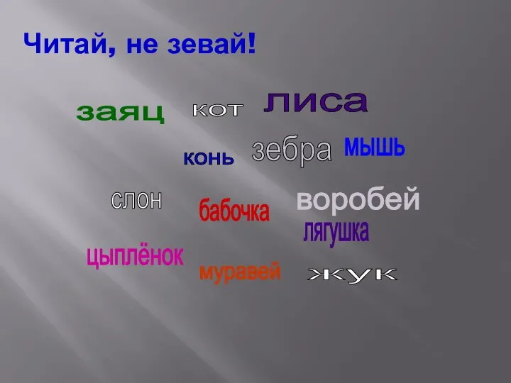 слон кот мышь конь лягушка муравей зебра заяц жук бабочка цыплёнок лиса воробей Читай, не зевай!