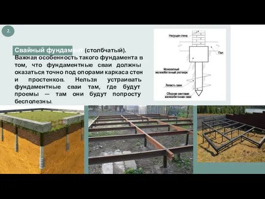 Свайный фундамент (столбчатый). Важная особенность такого фундамента в том, что фундаментные сваи