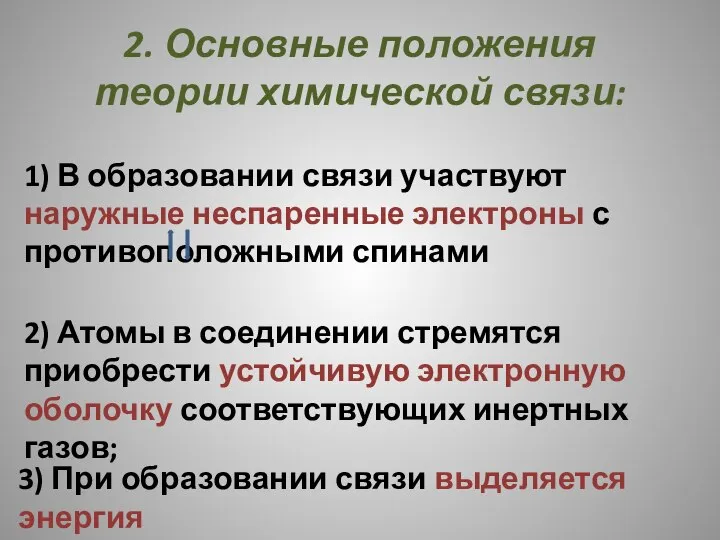 2. Основные положения теории химической связи: 1) В образовании связи участвуют наружные