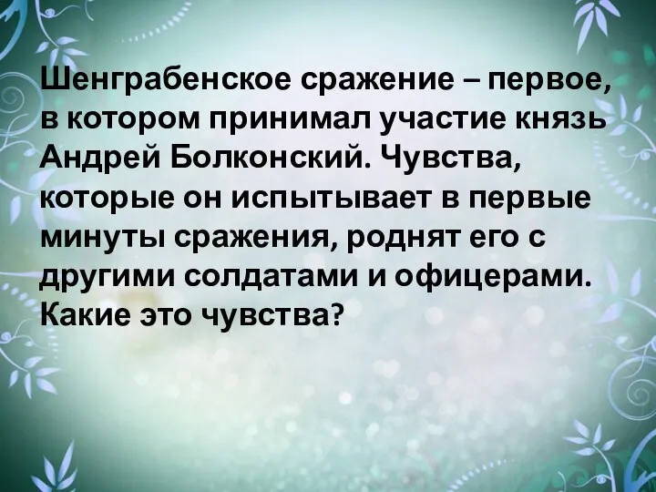 Шенграбенское сражение – первое, в котором принимал участие князь Андрей Болконский. Чувства,