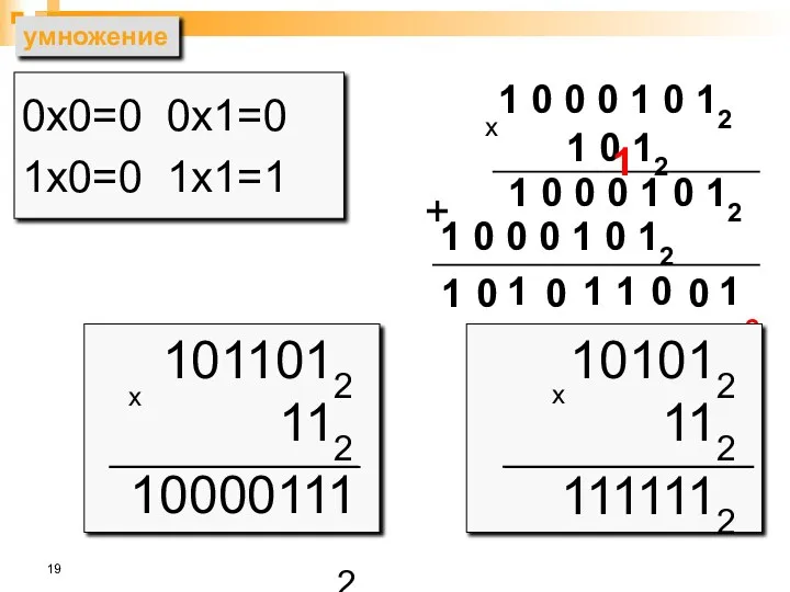 умножение 0х0=0 0х1=0 1х0=0 1х1=1 1 0 0 0 1 0 12