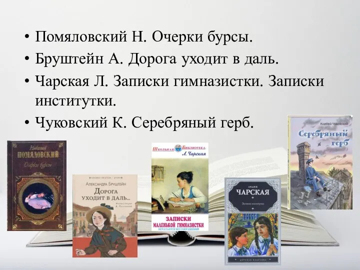 Помяловский Н. Очерки бурсы. Бруштейн А. Дорога уходит в даль. Чарская Л.