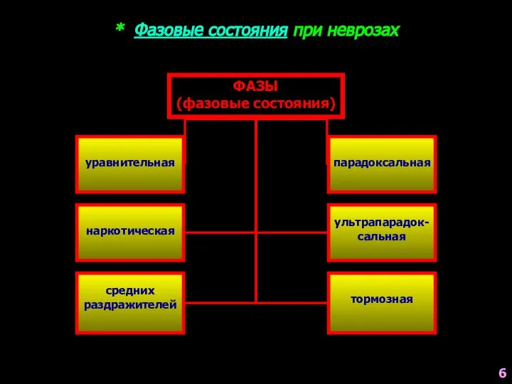 * Фазовые состояния при неврозах ФАЗЫ (фазовые состояния) уравнительная наркотическая средних раздражителей парадоксальная ультрапарадок-сальная тормозная 6