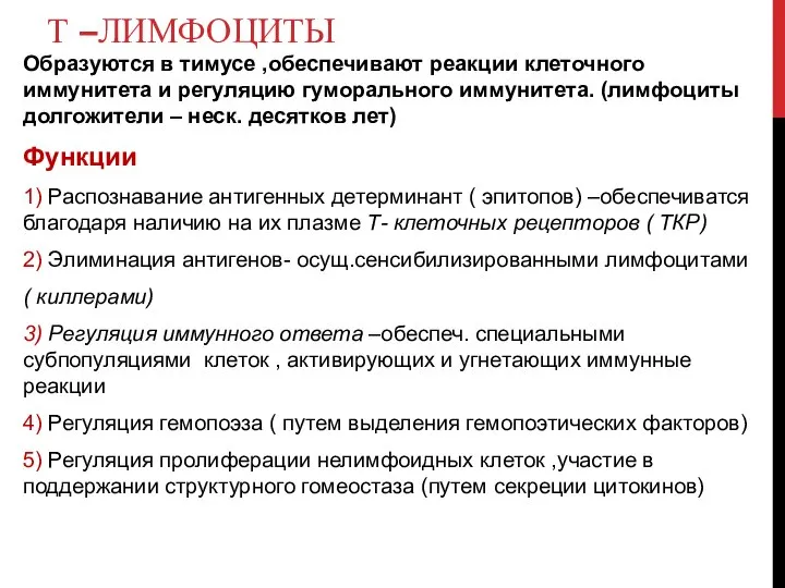 Т –ЛИМФОЦИТЫ Образуются в тимусе ,обеспечивают реакции клеточного иммунитета и регуляцию гуморального