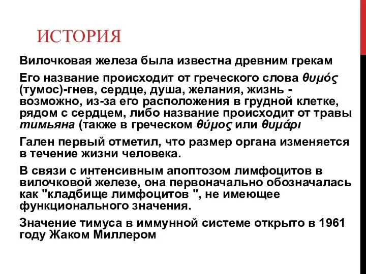 ИСТОРИЯ Вилочковая железа была известна древним грекам Его название происходит от греческого