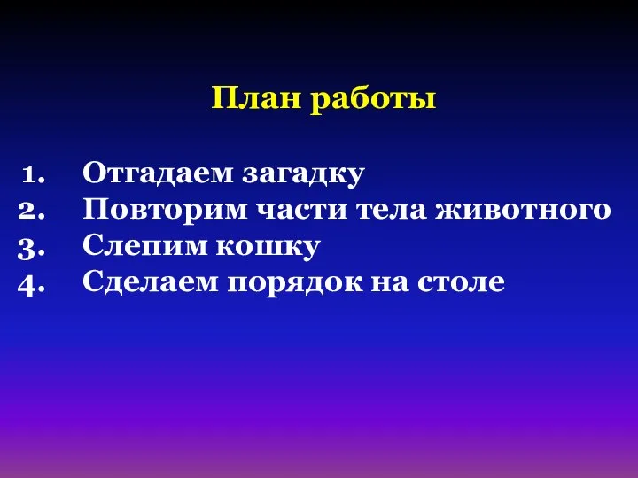 План работы Отгадаем загадку Повторим части тела животного Слепим кошку Сделаем порядок на столе