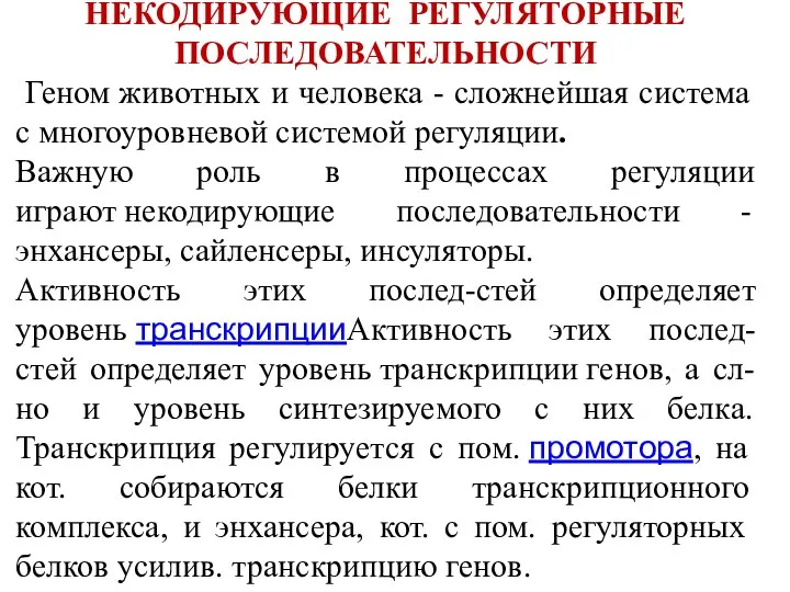 НЕКОДИРУЮЩИЕ РЕГУЛЯТОРНЫЕ ПОСЛЕДОВАТЕЛЬНОСТИ Геном животных и человека - сложнейшая система с многоуровневой