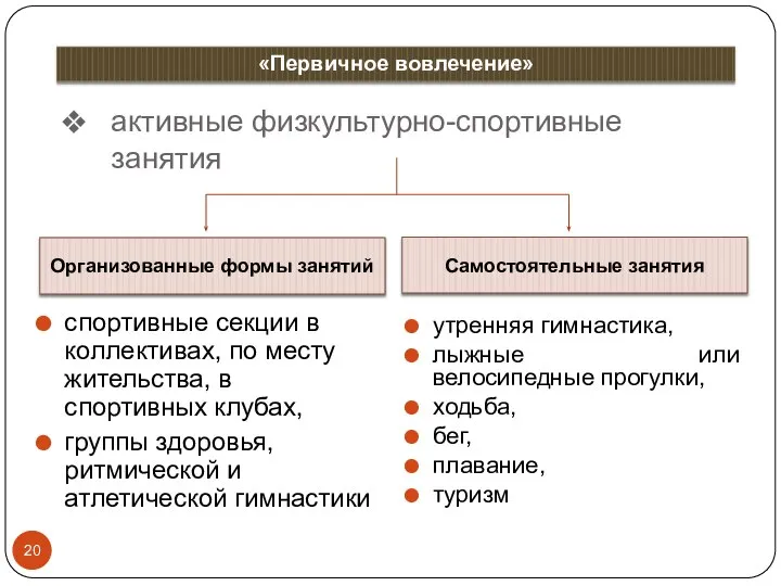 активные физкультурно-спортивные занятия Организованные формы занятий Самостоятельные занятия спортивные секции в кол­лективах,