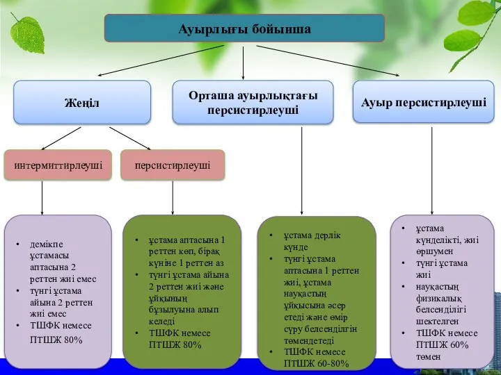 Ауырлығы бойынша Жеңіл Орташа ауырлықтағы персистирлеуші Ауыр персистирлеуші интермиттирлеуші персистирлеуші демікпе ұстамасы