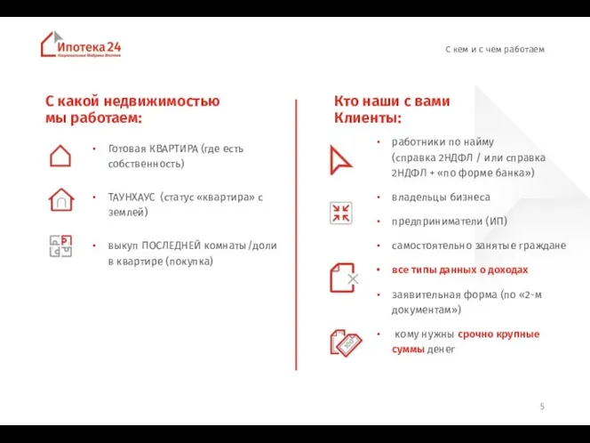 С какой недвижимостью мы работаем: Готовая КВАРТИРА (где есть собственность) ТАУНХАУС (статус