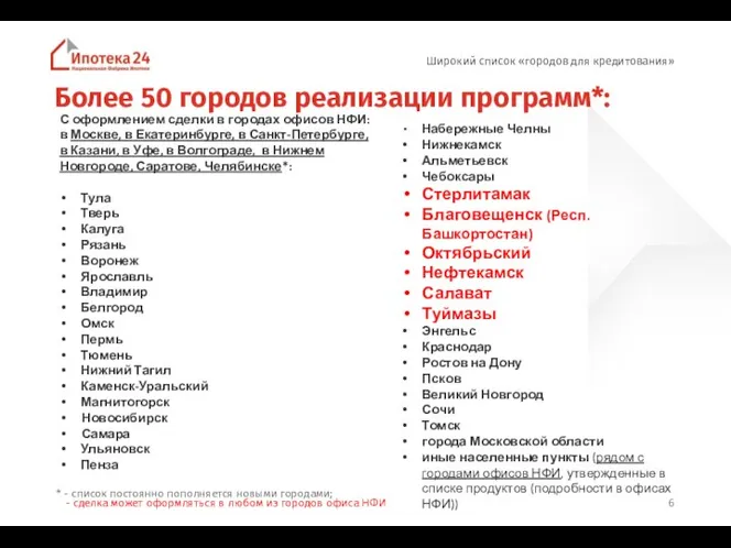 Широкий список «городов для кредитования» Более 50 городов реализации программ*: С оформлением