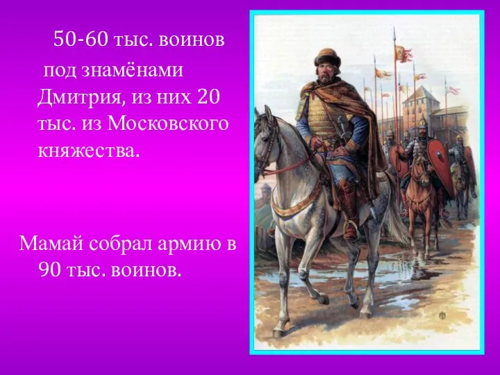 50-60 тыс. воинов под знамёнами Дмитрия, из них 20 тыс. из Московского
