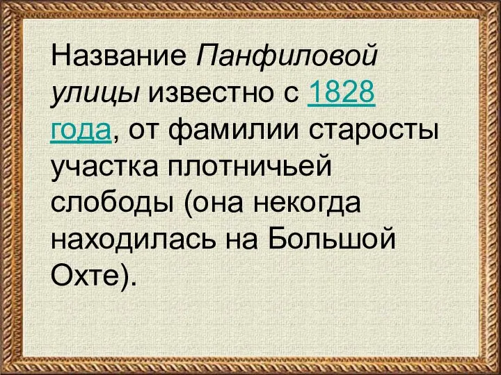 Название Панфиловой улицы известно с 1828 года, от фамилии старосты участка плотничьей