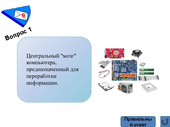 Вопрос 1 Правильный ответ Центральный "мозг" компьютера, предназначенный для переработки информации.