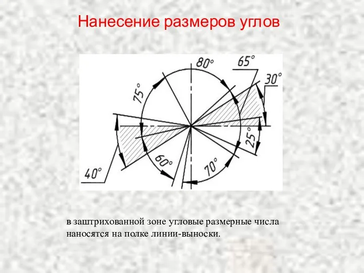 Нанесение размеров углов в заштрихованной зоне угловые размерные числа наносятся на полке линии-выноски.