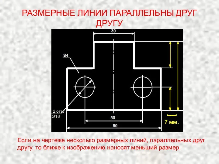 РАЗМЕРНЫЕ ЛИНИИ ПАРАЛЛЕЛЬНЫ ДРУГ ДРУГУ 7 мм. 2 отв. Ø16 Если на