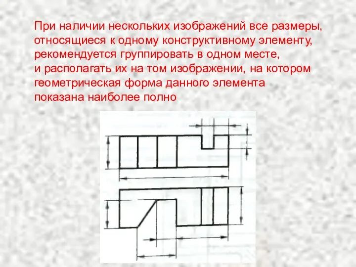 При наличии нескольких изображений все размеры, относящиеся к одному конструктивному элементу, рекомендуется