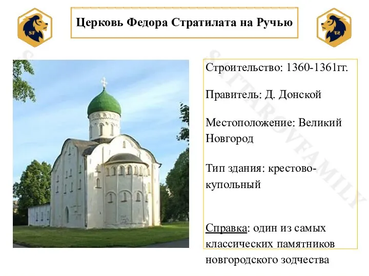 Церковь Федора Стратилата на Ручью Строительство: 1360-1361гг. Правитель: Д. Донской Местоположение: Великий