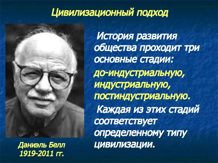 История развития общества проходит три основные стадии: до-индустриальную, индустриальную, постиндустриальную. Каждая из