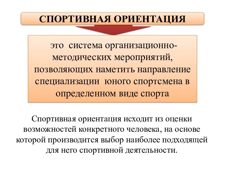 Спортивная ориентация исходит из оценки возможностей конкретного человека, на основе которой производится