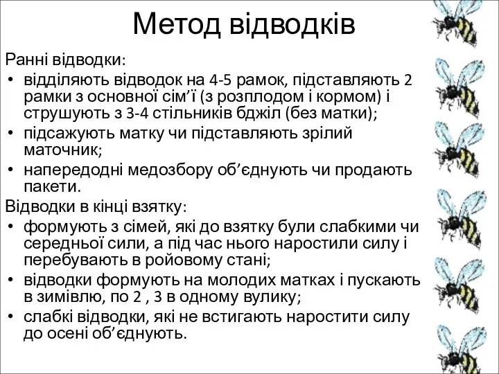 Ранні відводки: відділяють відводок на 4-5 рамок, підставляють 2 рамки з основної