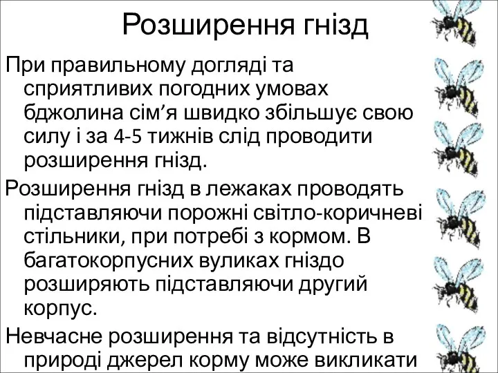 Розширення гнізд При правильному догляді та сприятливих погодних умовах бджолина сім’я швидко