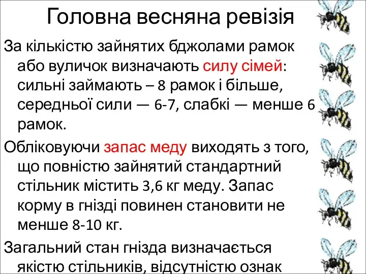 Головна весняна ревізія За кількістю зайнятих бджолами рамок або вуличок визначають силу