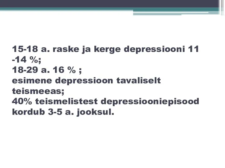 15-18 a. raske ja kerge depressiooni 11 -14 %; 18-29 a. 16