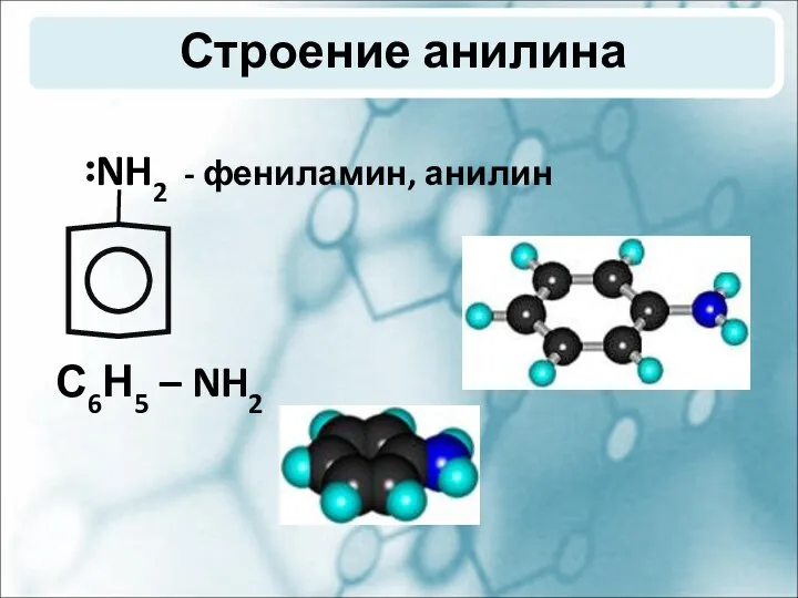 Строение анилина NH2 - фениламин, анилин С6Н5 – NH2