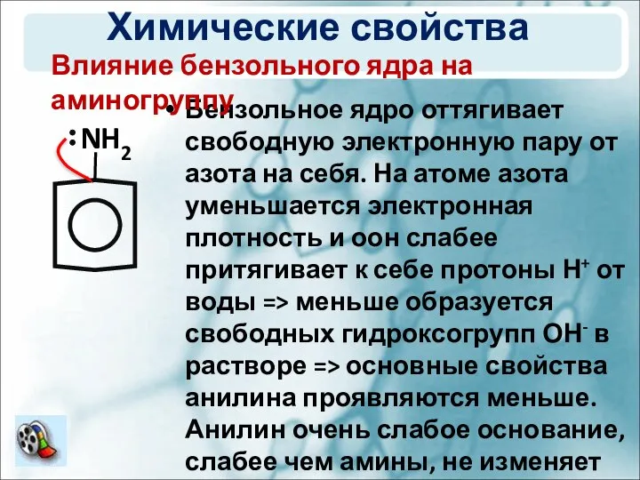 Химические свойства Бензольное ядро оттягивает свободную электронную пару от азота на себя.