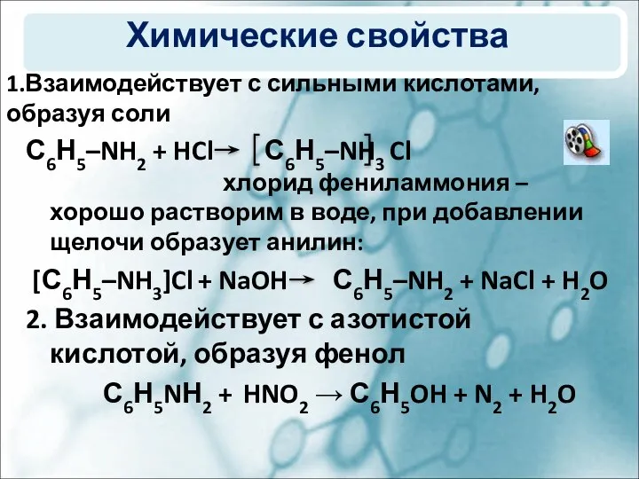 Химические свойства С6Н5–NH2 + HCl С6Н5–NH3 Cl хлорид фениламмония – хорошо растворим