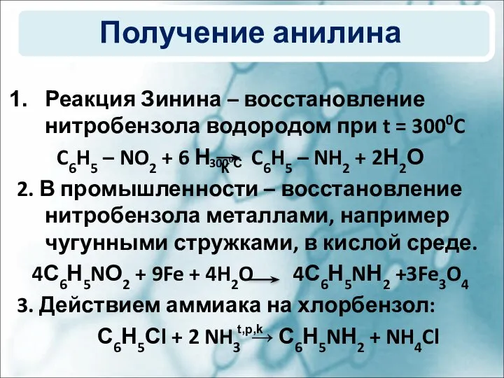 Получение анилина Реакция Зинина – восстановление нитробензола водородом при t = 3000C