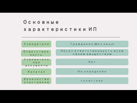 Основные характеристики ИП Учредители Учредительные документы Ответственность Капитал Количество участников Гражданин (физ.лицо)