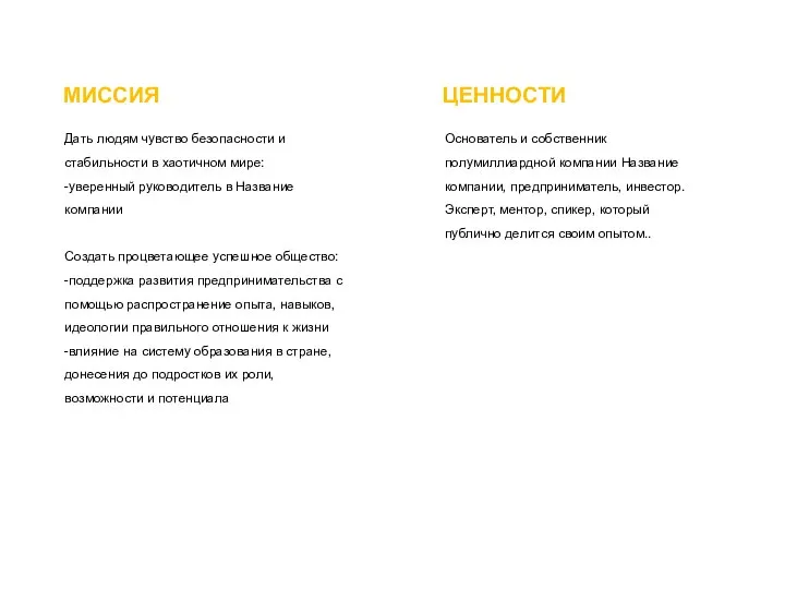 МИССИЯ Дать людям чувство безопасности и стабильности в хаотичном мире: -уверенный руководитель