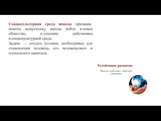 Социокультурная среда школы призвана помочь выпускнику школы войти в новое общество, и