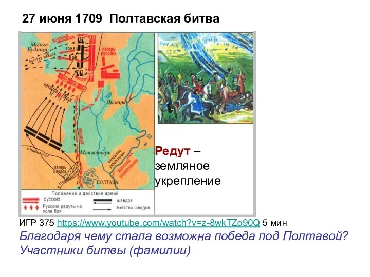 27 июня 1709 Полтавская битва ИГР 375 https://www.youtube.com/watch?v=z-8wkTZo90Q 5 мин Благодаря чему