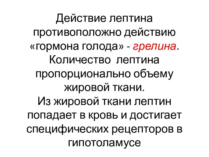 Действие лептина противоположно действию «гормона голода» - грелина. Количество лептина пропорционально объему